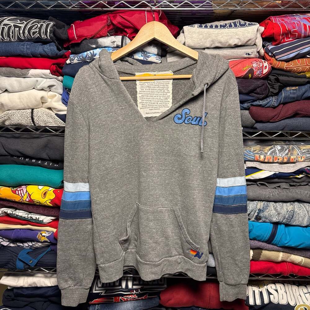 Aviator Nation x SoulCycle Grey V-Neck Hoodie with 5-Stripe Sleeves